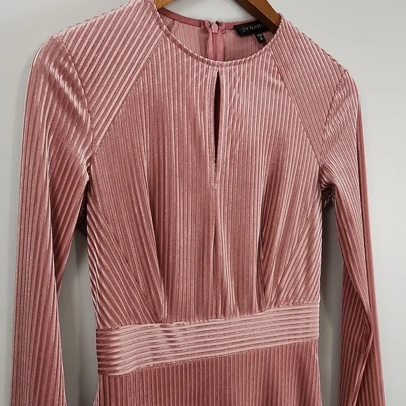 Dynamite Pink Ribbed Velvet Midi Dress – Long Sleeve Bodycon - Picture 4 of 15